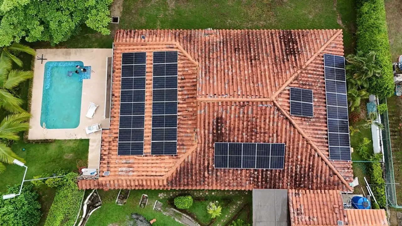 From above — 31 solar panels on the roof — lakeside home for sale at Club Ecuestre de Coronado, Panama