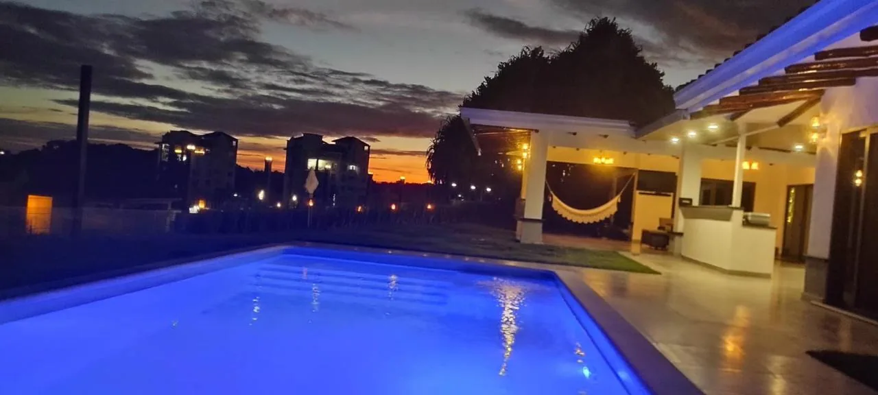 The pool and terrace at sunset — ocean-view home for sale in Terrazas de Vista Mar, San Carlos, Panama